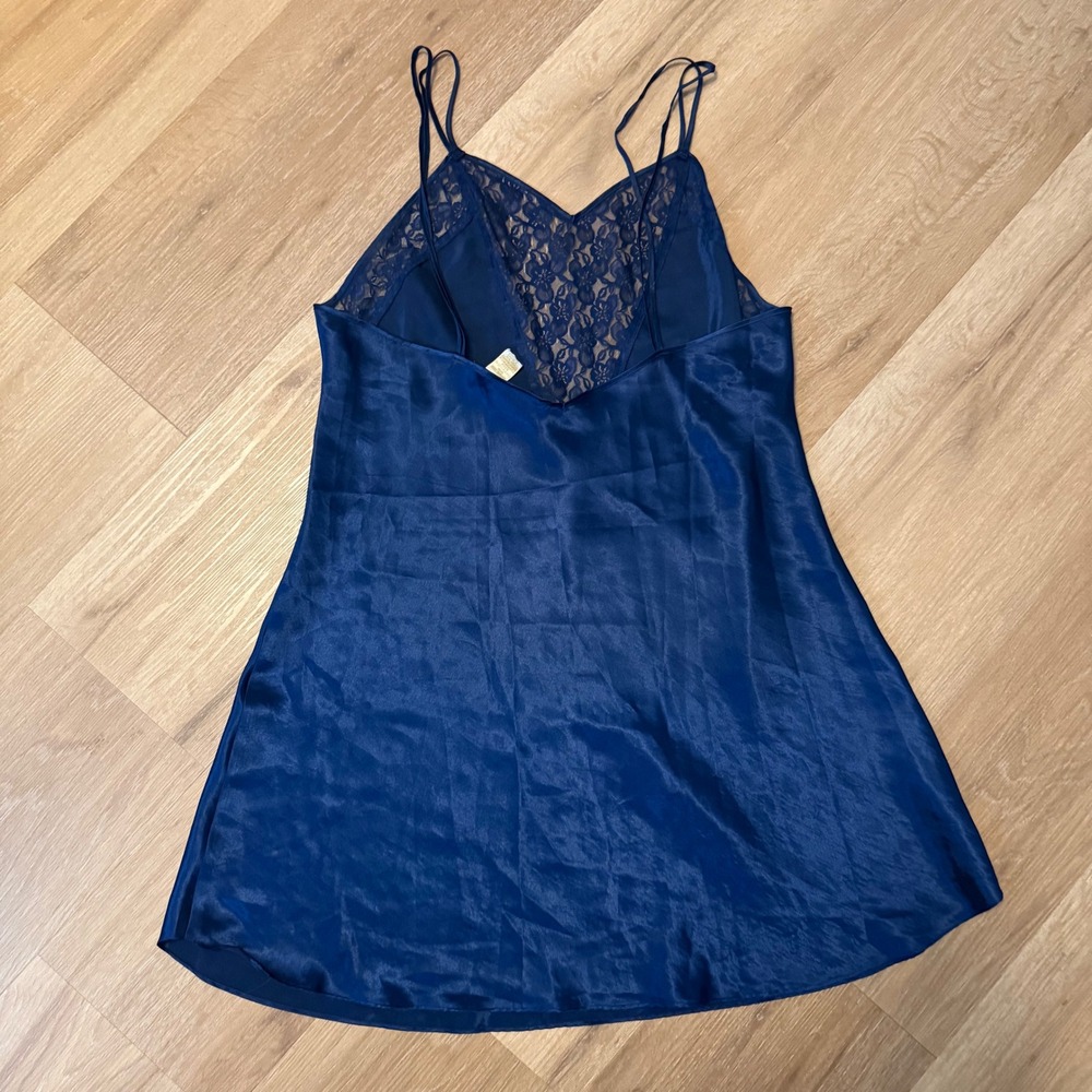 Solange Vintage Navy Blue Satin Lace Chemise Nightgown Size 14/16 Double Strap - Picture 6 of 10